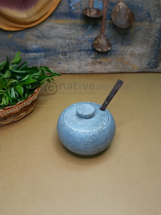 Soapstone Salt Jar / Maakal Uppu Jadi with wooden spoon