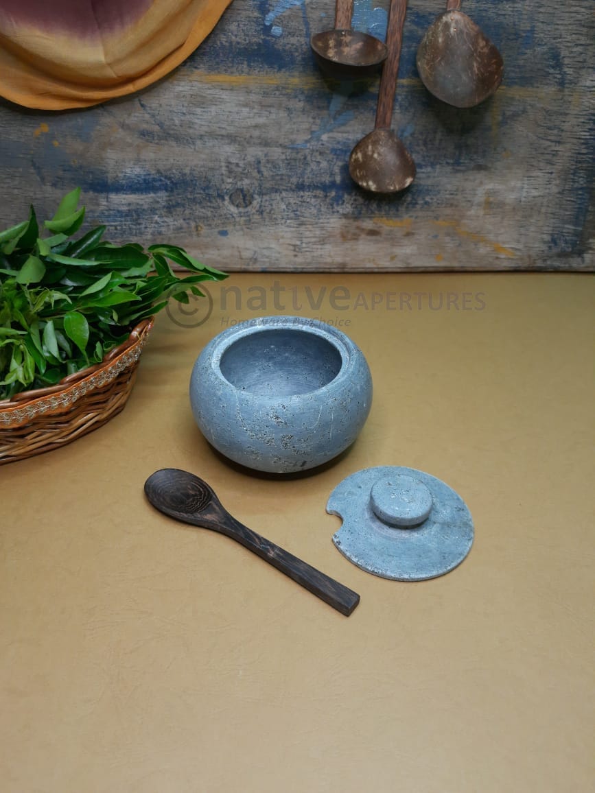 Soapstone Salt Jar / Maakal Uppu Jadi with wooden spoon