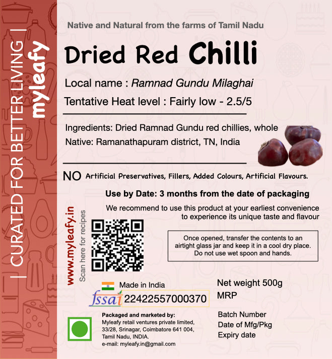 Dried Red Chillies, Ramnad Gundu, whole