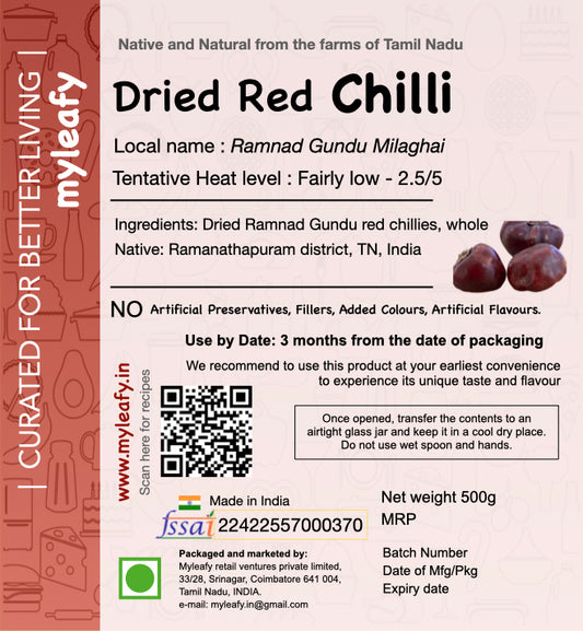 Dried Red Chillies, Ramnad Gundu, whole