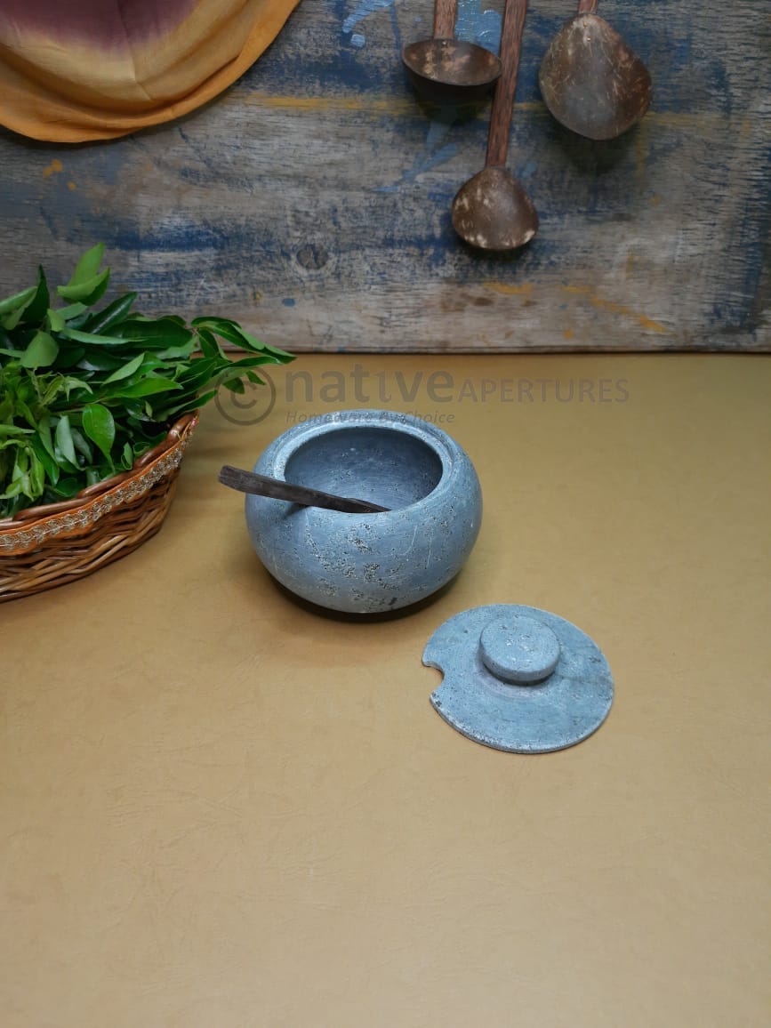 Soapstone Salt Jar / Maakal Uppu Jadi with wooden spoon